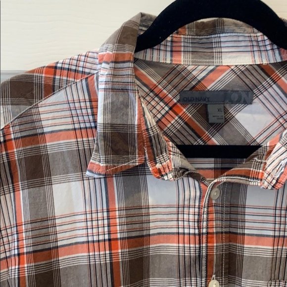 🍂 Men's Burnt Sienna Brown White Plaid Tartan Button Up Short Sleeve Shirt - XL - Picture 3 of 9